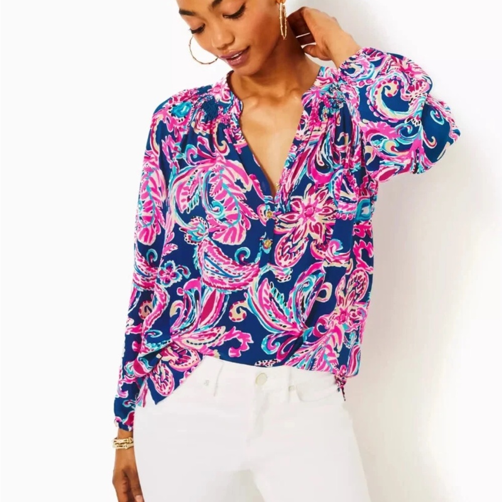 Lilly Pulitzer Elsa Silk Blouse - Blue Pink Paisley Gold Buttons - XS NWOT